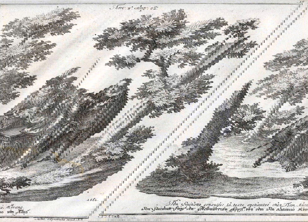An illustration showing a group of men gathered around a table with a talking head, with trees in the background.