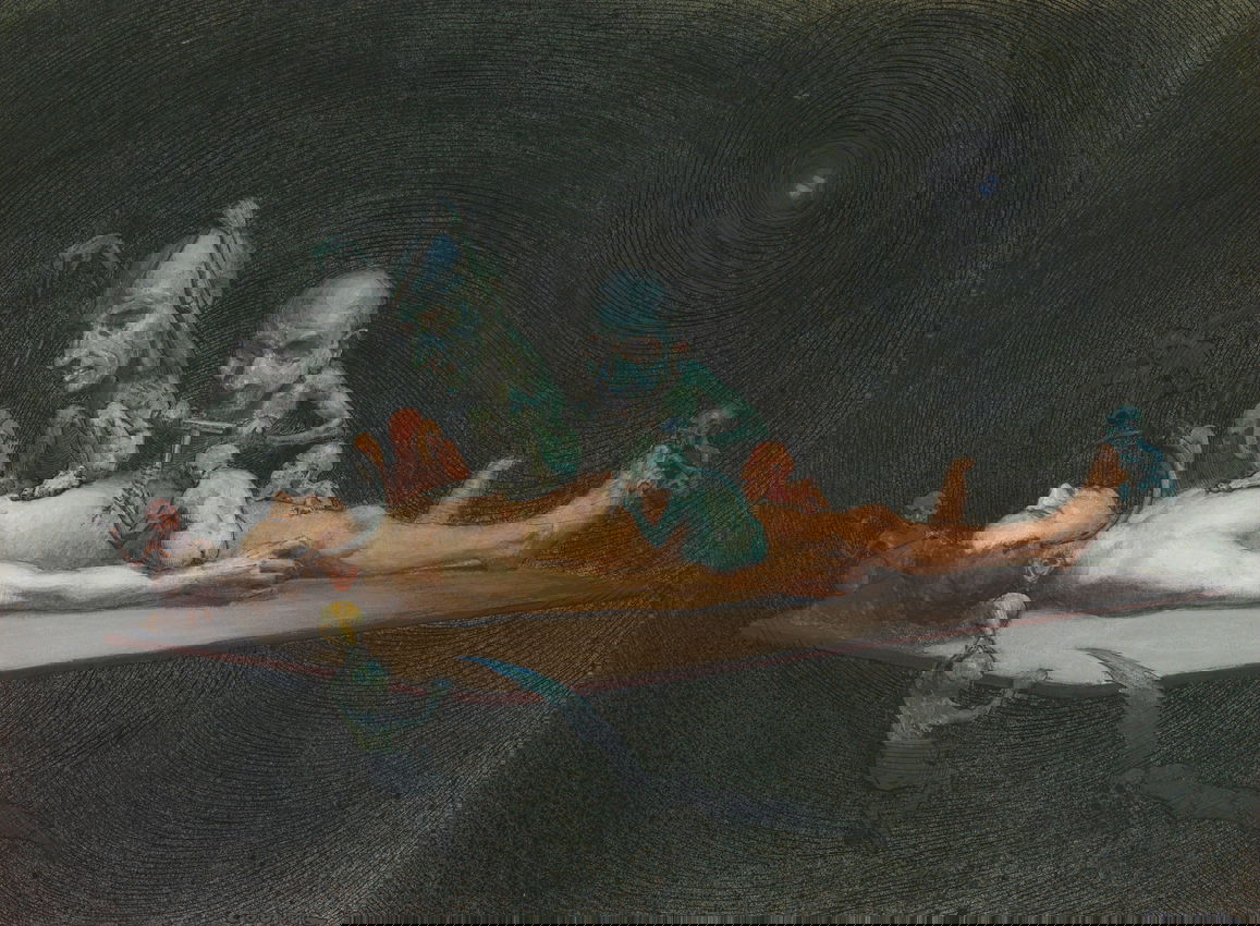 A man lying on an operating table with demon-like creatures on his chest