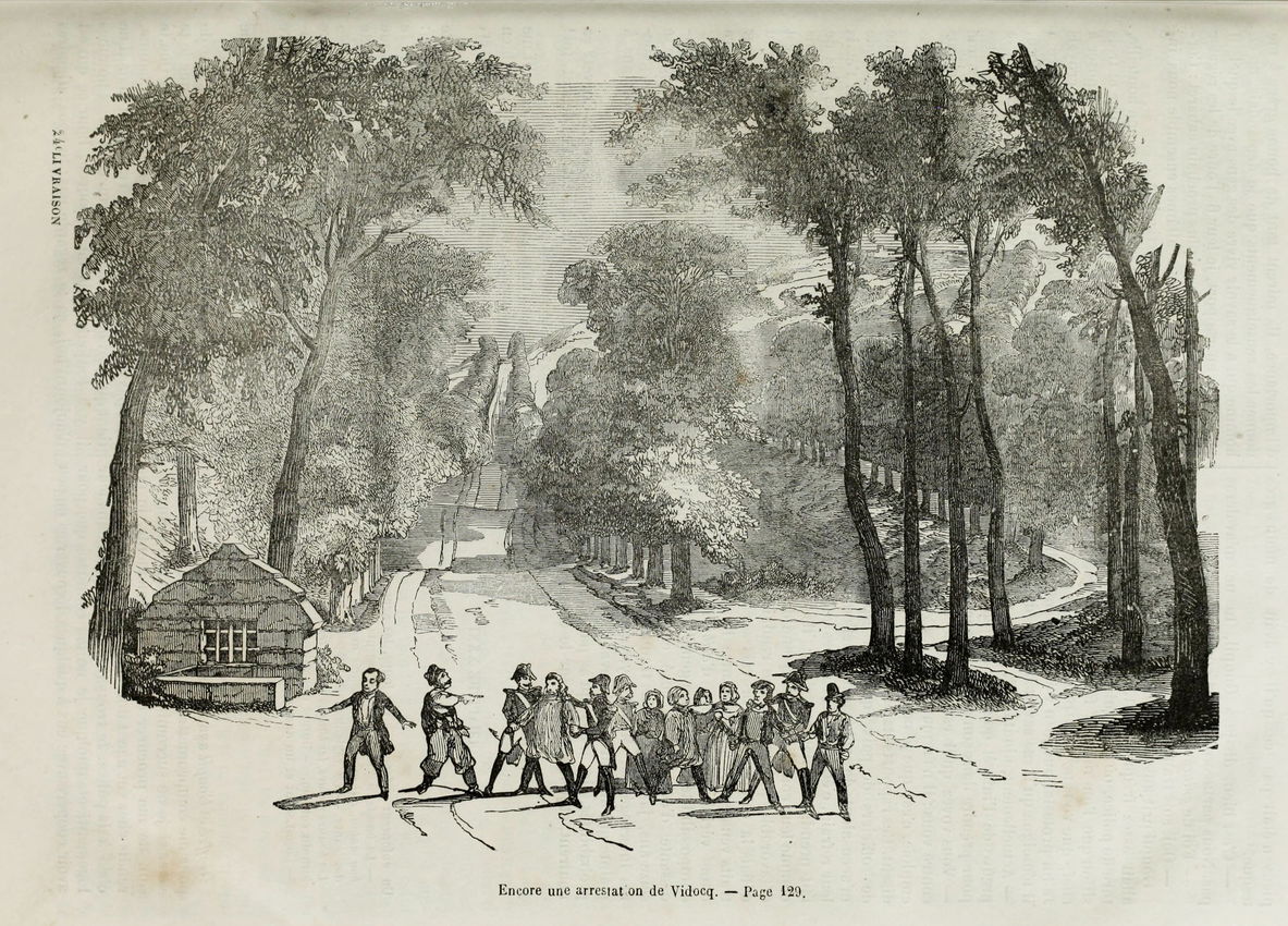 Black and white etching titled ‘Encore une arrestation de Vidocq,’ showing a group of men escorting a handcuffed individual down a tree-lined country road, with a small hut on the left and the road winding into the distance surrounded by dense foliage.